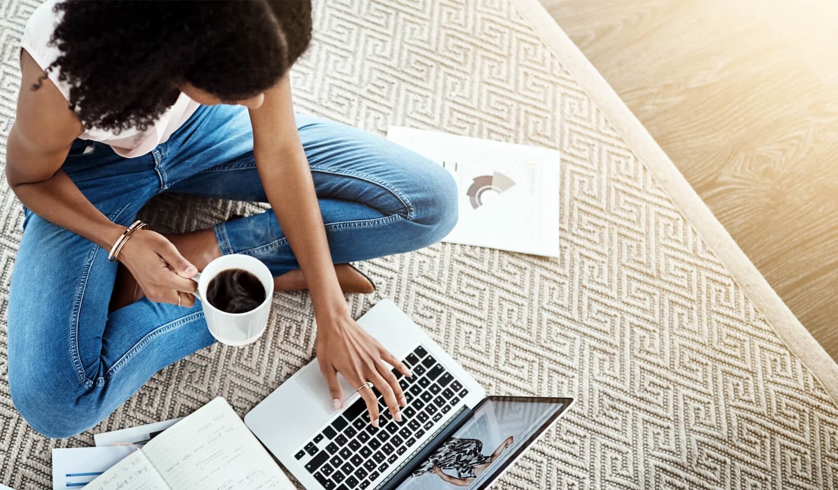 Working from home with a cup of coffee